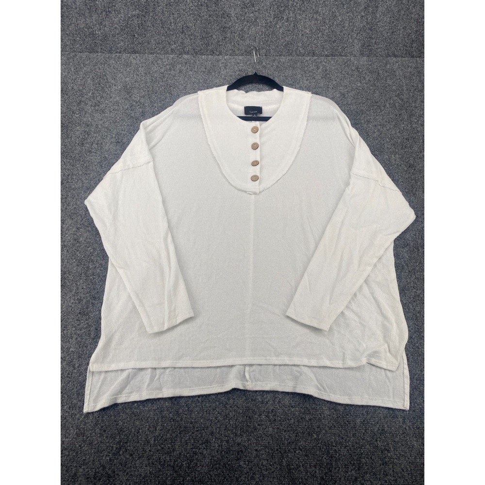 Lumiere Ribbed Henley Top Womens Small White Long Sleeve Oversized Blouse